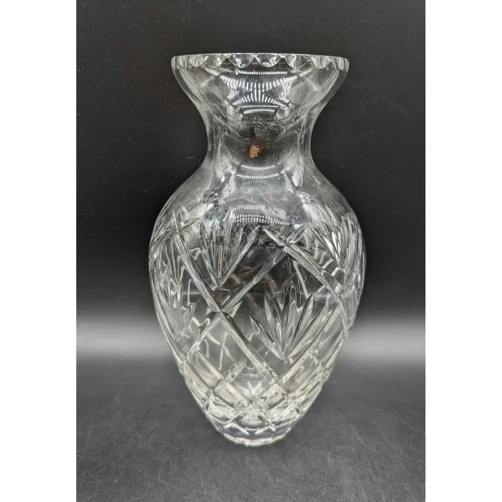 Vintage Hand Cut Clear Crystal Vase Scalloped Sawtooth Rim Starburst Base Urn 8